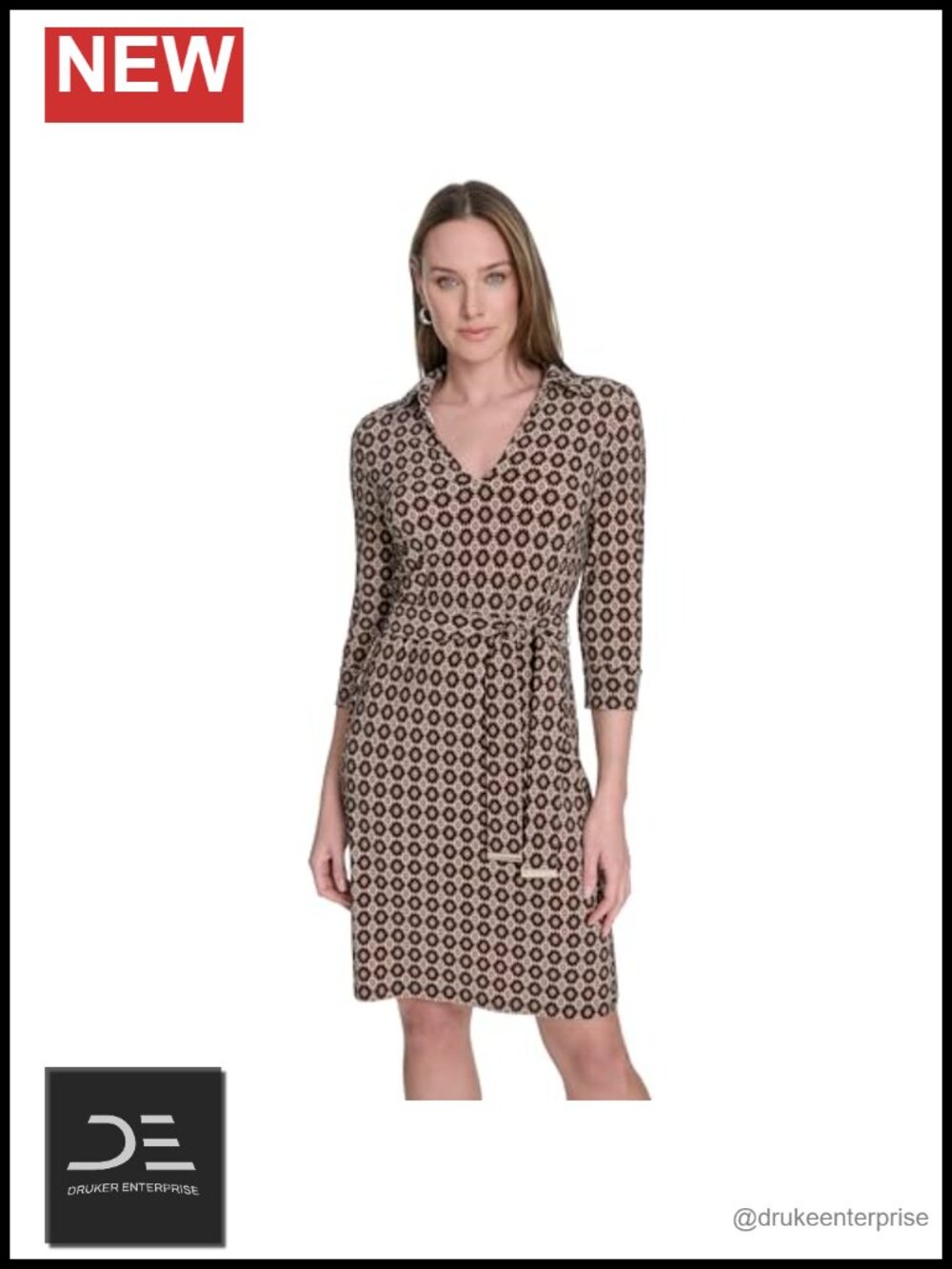 3/4 Sleeve Collared V-Neck Tie Waist Fit & Flare Mini Dress